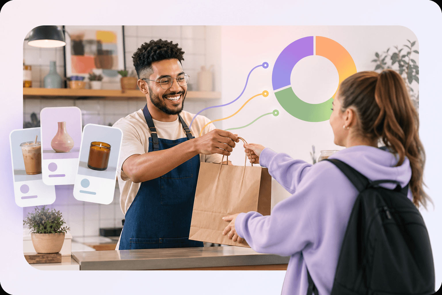 Business owner handing off a product with visual profit split indicators.